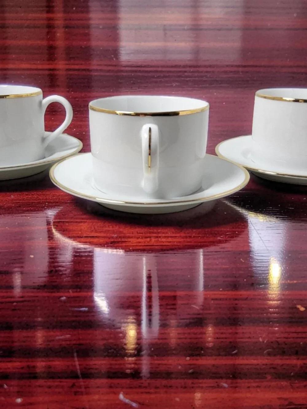 Vintage Set of 3 Pier 1 Gold Trim 8oz Porcelain Coffee Cups and Saucers